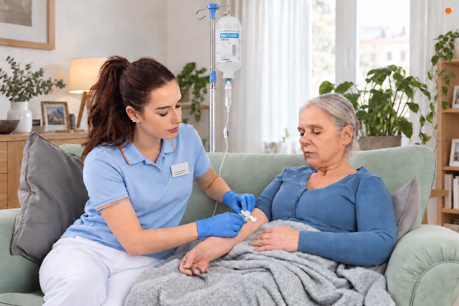 Somatische Pflege: Eine Pflegefachfrau versorgt den Arm einer Klientin, die zu Hause zugedeckt auf dem Sofa liegt; daneben hängt eine Infusion.